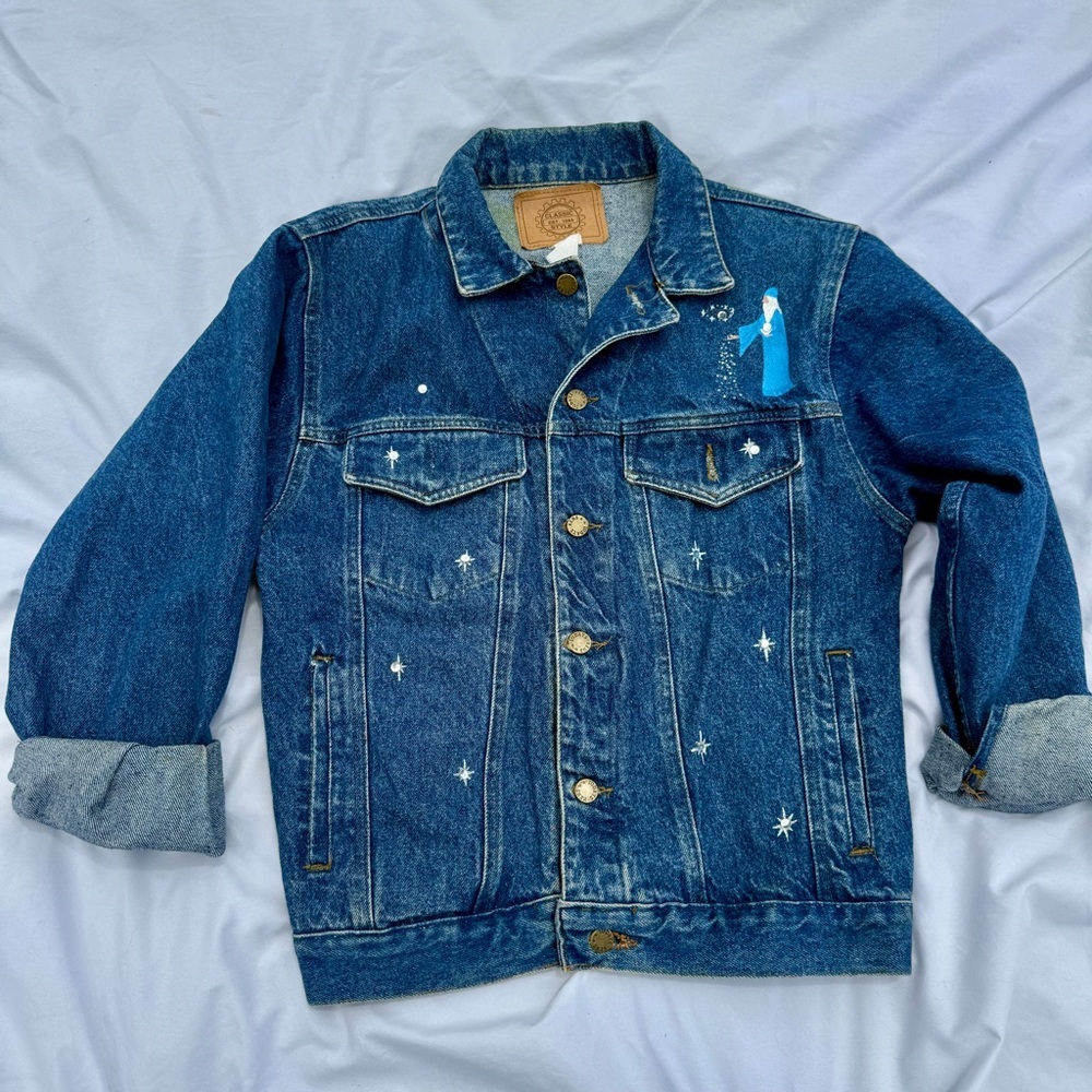 Custom Hand-Painted Miami Magic Skyline & Wizard Vintage Denim Jacket - Picture 3 of 10